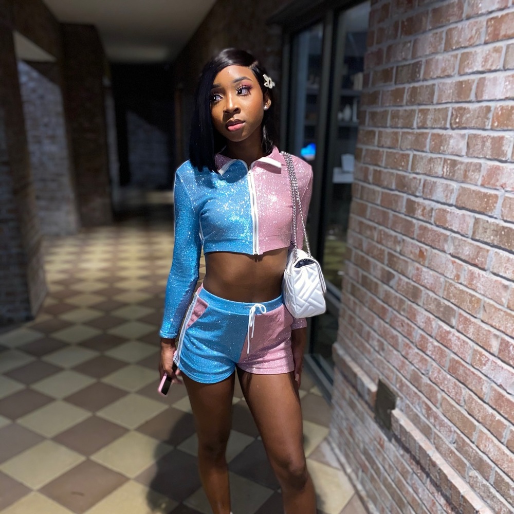 Sparkly Pink & Blue Two Piece Shorts Set